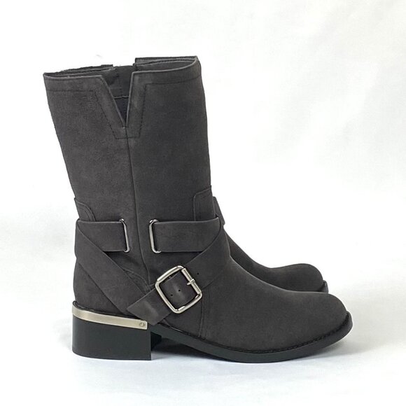 New Vince Camuto Wethima Shady Grey Suede Leather Mid-Calf Engineer Boot 8 - Picture 1 of 11